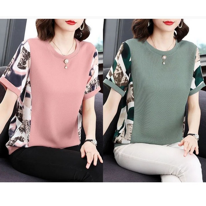 11 중년 여성 봄 여름 반팔 티셔츠 투피스 캐주얼 엄마 반팔티 루즈핏