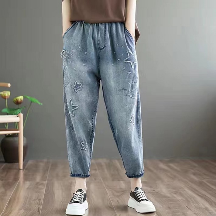urkoteer 빅사이즈 밴딩 허리 자수 청바지 캐주얼 9부 배기팬츠 여 AL0302 urkoteer 빅사이즈 밴딩 허리 자수 청바지 캐주얼 9부 배기팬츠 여 AL0302