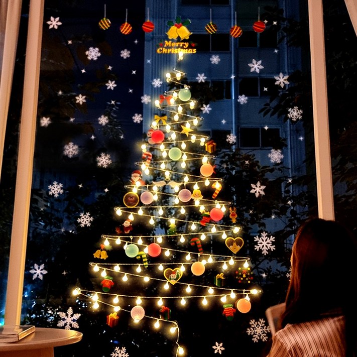 제이토리 크리스마스 벽트리 세트 50구 100구 앵두전구 코튼볼 창문 트리 전구 조명 눈꽃 스티커 장식 용품 리모컨 USB 건전지 혼용 벽트리도안, 혼합색상