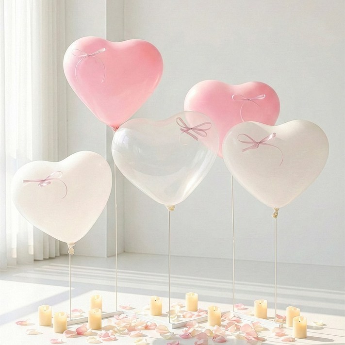 하트 풍선 파스텔 홈파티 프로포즈 발레코어 리본포함 일자형 스탠드, 1개, 01. 로맨틱 핑크 투명3개화이트3개핑크3개