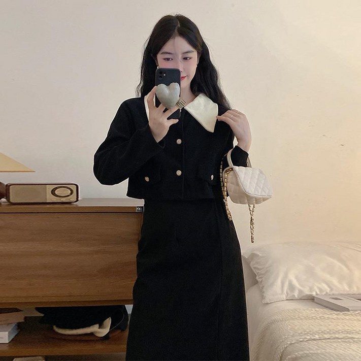 ANYOU 봄 가을 겨울 원피스  롱 원피스 일상 블랙