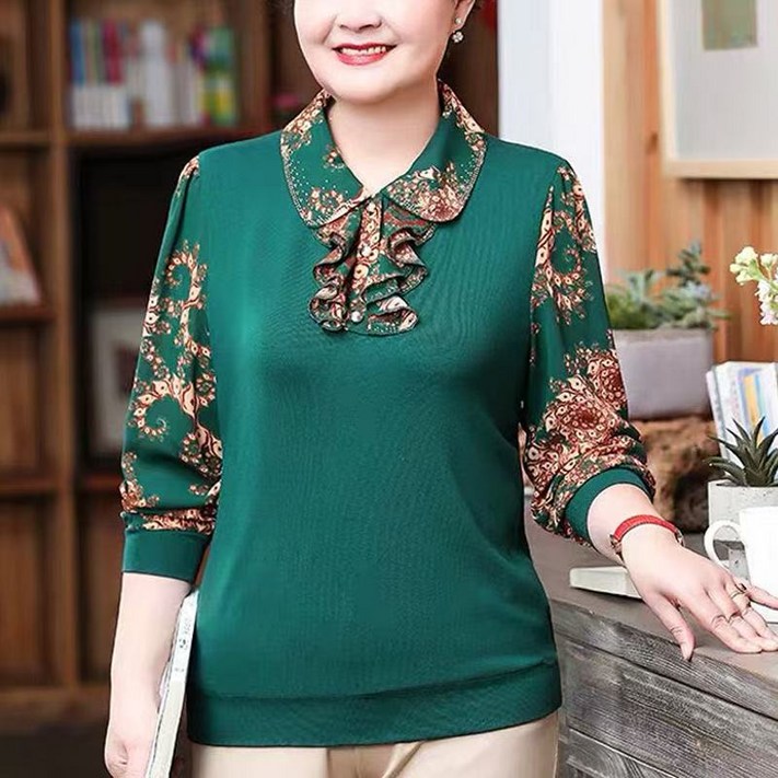 AURALA 중장년 여성 블라우스 가을 신상 빅사이즈 루즈핏 패션 프린트 배색 긴팔 상의  Y1011