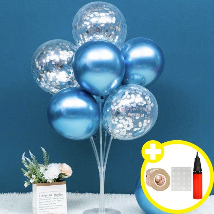 심플 파티 메탈크롬 컨페티 혼합풍선 스탠드70cm 세트 인생샷 포토존 연출템 10옵션 에브리띵스마일 1074, 1세트, 실버 컨페티블루 풍선