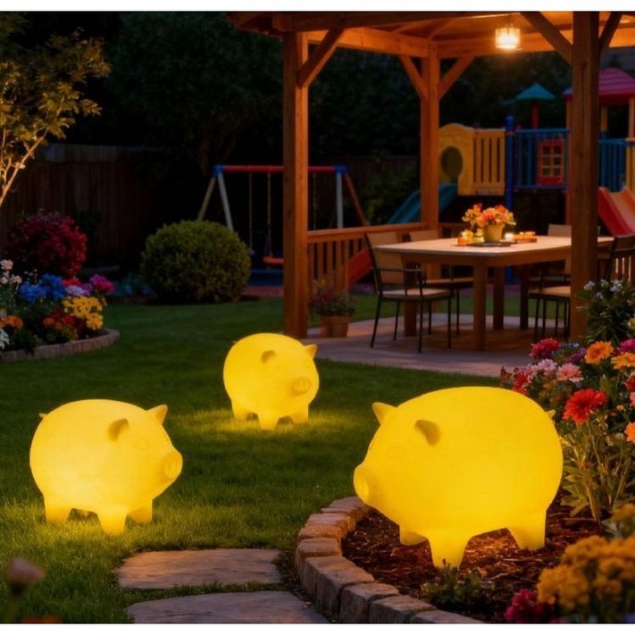 돼지 야외 조명 LED 램프 랜턴 잔디등 실외등 돼지저금통모양 16색, 74x48x50 전원연결 16색