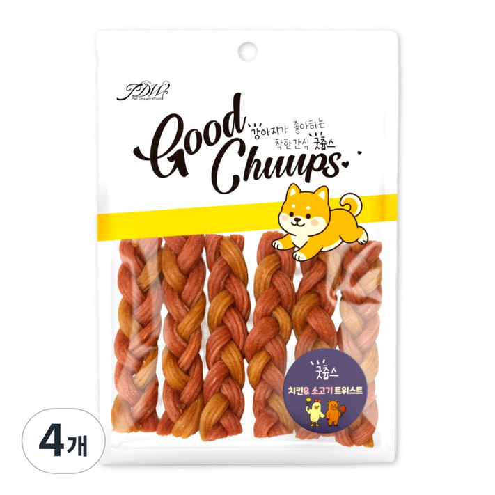 굿츕스 21 하드 트위스트 오래먹는 껌 강아지간식 강아지육포 강아지오래먹는간식 훈련용간식 노즈워크간식, 소고기치킨, 180g, 4개