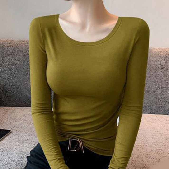 구디프 여성용 U넥 슬림핏 긴팔 데일리 기본 티셔츠