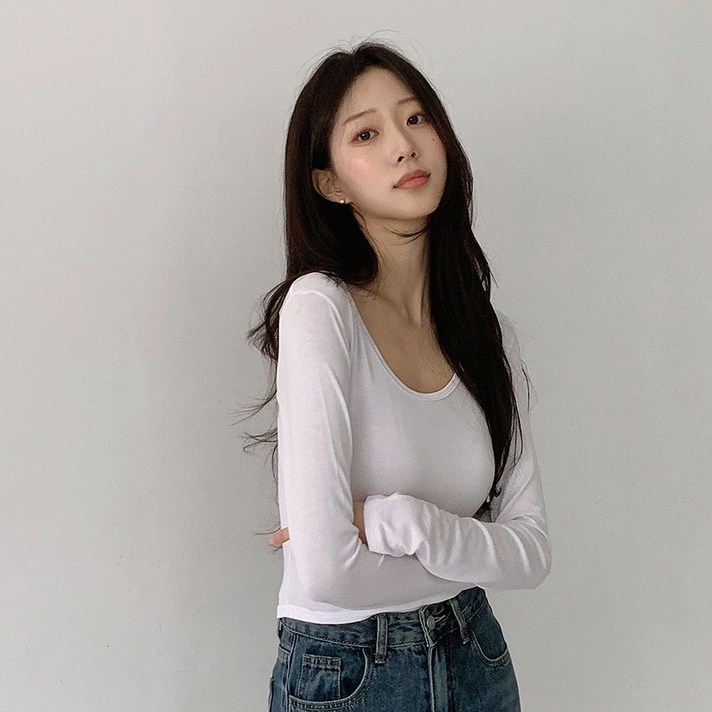 플랜데이 여성용 미뉴 데일리 유넥 쫀쫀 세미크롭 긴팔 티셔츠