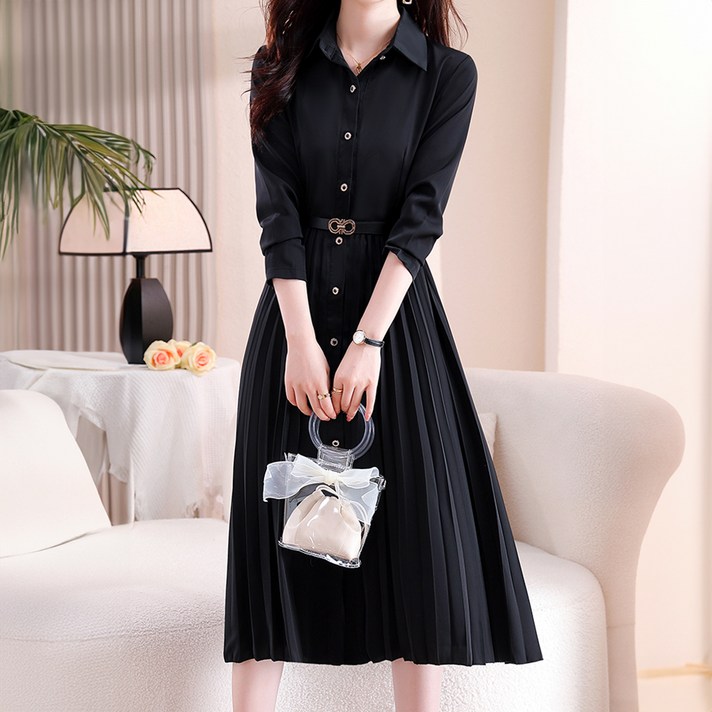 시크힐즈 마누엘 셔츠 플리츠 긴팔 벨트 원피스 11053