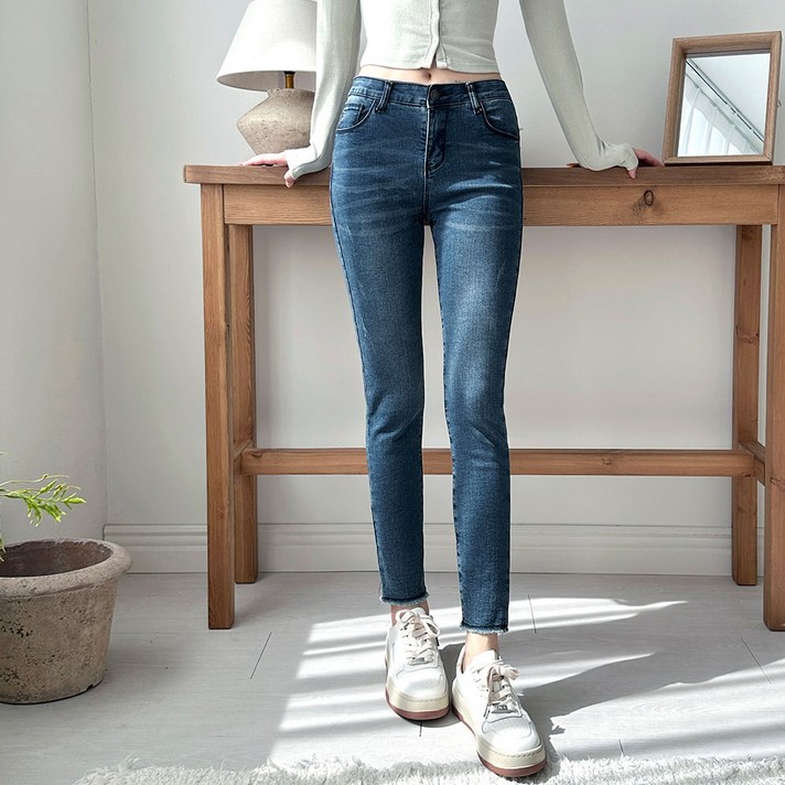 루나진 여자 기모 청바지 스판 피치기모 슬림 스키니핏 밑단컷팅 9부