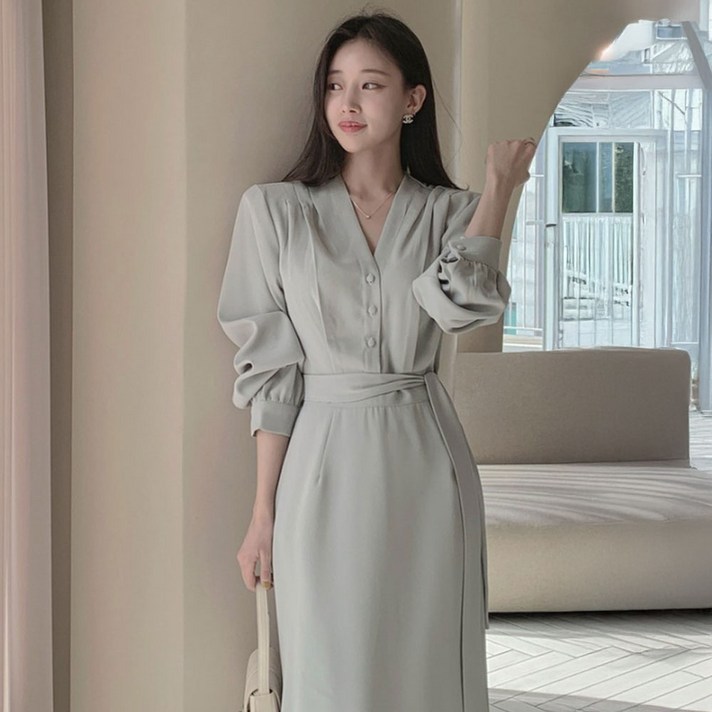 떳다그녀 스틸리아 핀턱 스트랩 브이넥 H라인 오피스 하객룩 로맨틱 데이트 끈셋 롱원피스