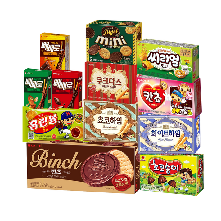 안녕골목마켓 곽과자12종세트빼빼로3종홈런볼빈츠다이제미니쿠크다스쵸코하임화이트하임씨리얼칸쵸초코송이, 빼빼로홈런볼빈츠다이제미니쿠크다스쵸코하임화이트하임씨리얼칸쵸초코송이, 1개