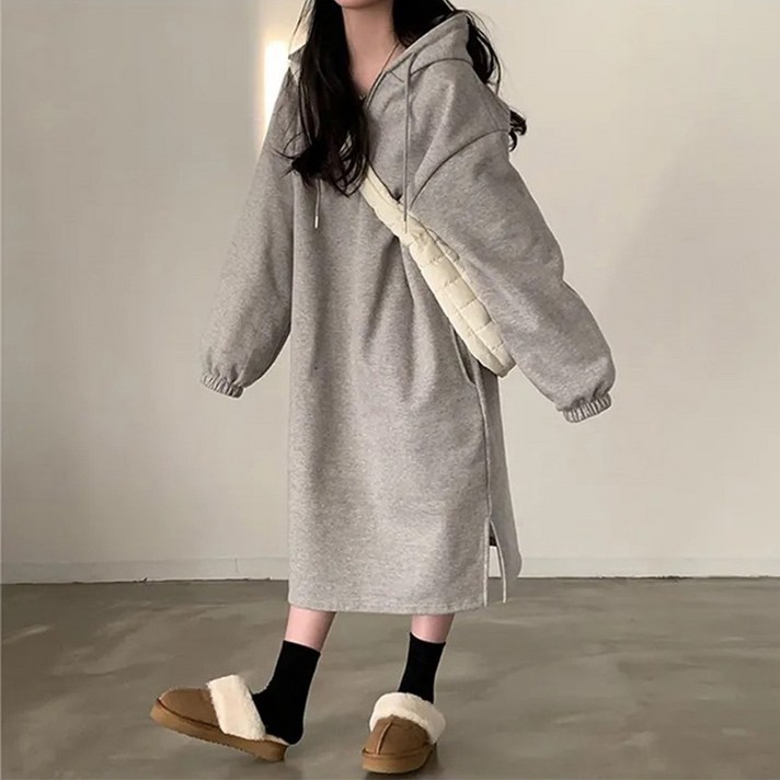 집에서 입는 기모 후드 롱 원피스