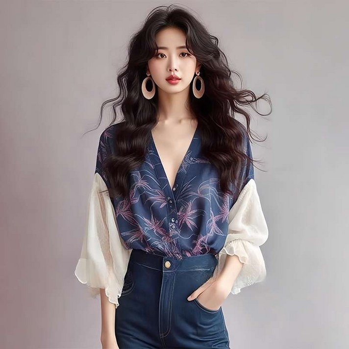 블루 프린트 패치워크 퍼프 소매 블라우스