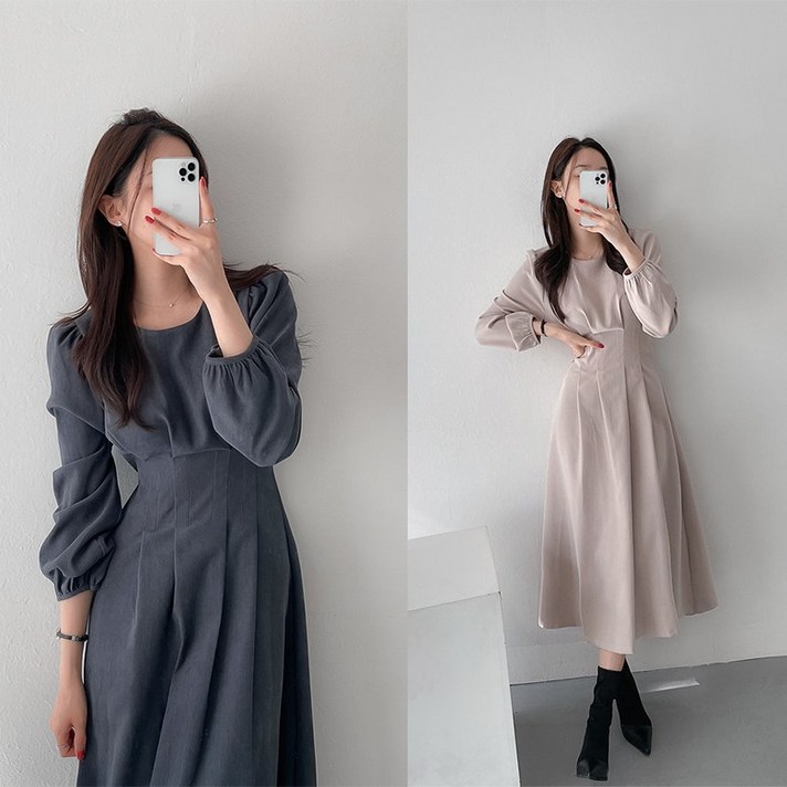 비비디아 Bibidia 여성 가을 정장 하객룩 롱 원피스 긴팔 라운드넥 롱 원피스S2XL5424