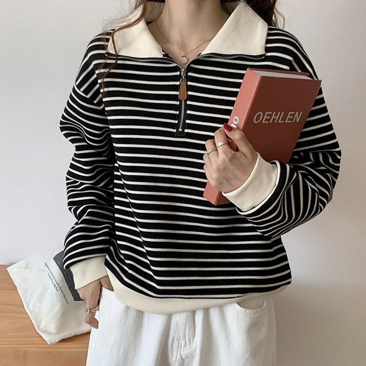 삼제태전 가을 여자 캐주얼 루즈핏 칼라넥 스트라이프 반집업 풀오버 맨투맨