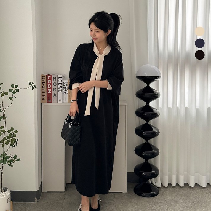 디테일웨어 여성 타이넥 긴팔 원피스 빅사이즈 무지원피스 임부복 간절기 편한 롱원피스 단정한 오피스 원피스