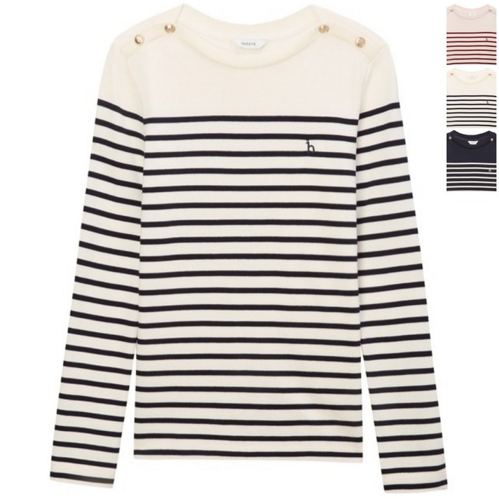 헤지스 레이디스 조직감 버튼 장식 긴팔 티셔츠 여성 의류 스트라이프 긴팔티