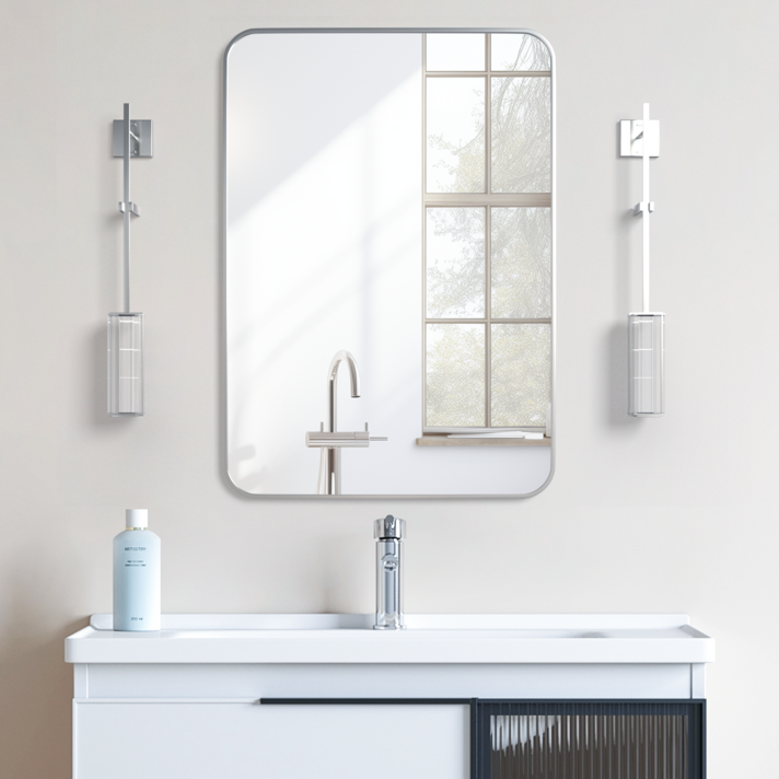 Brendayia 둥근 모서리로 벽걸이 거울 화장대 거울 침실 거실 50x71cm, 은색