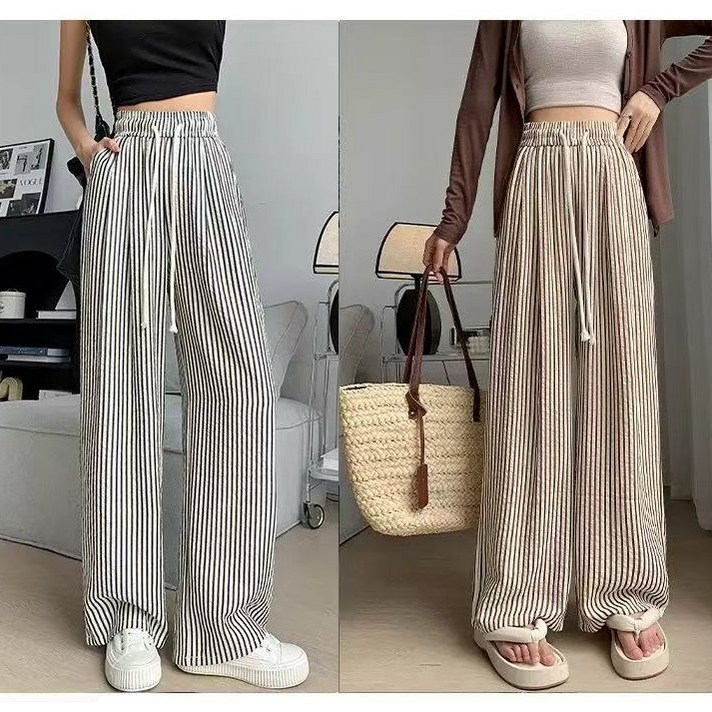 JOY네 스트라이프 여성 일자 여름 우븐 트레이닝 롱 긴 통 바지 츄리닝 와이드