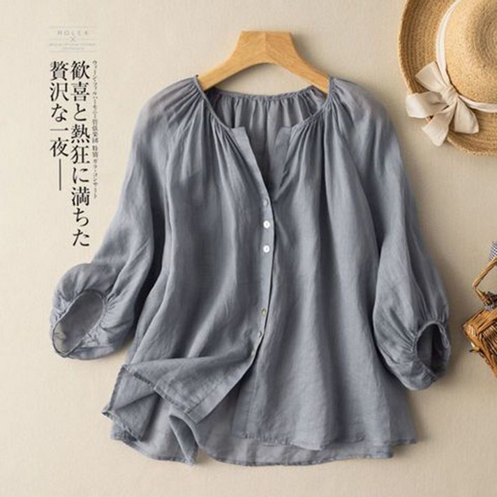 7분 소매 반개 V넥 리넨 상의 여성 등롱코면 마소면 마소 봄 여름