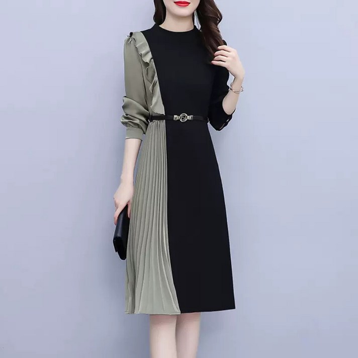 가을 겨울 시크한 프릴 원피스 여성스러운 날씬해 보이는 컬러 패치 미디 스커트