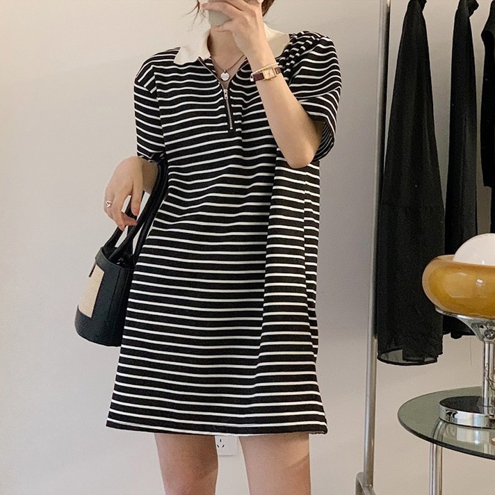 카라 집업 단가라 미니 원피스 여름 여성 반팔 티셔츠