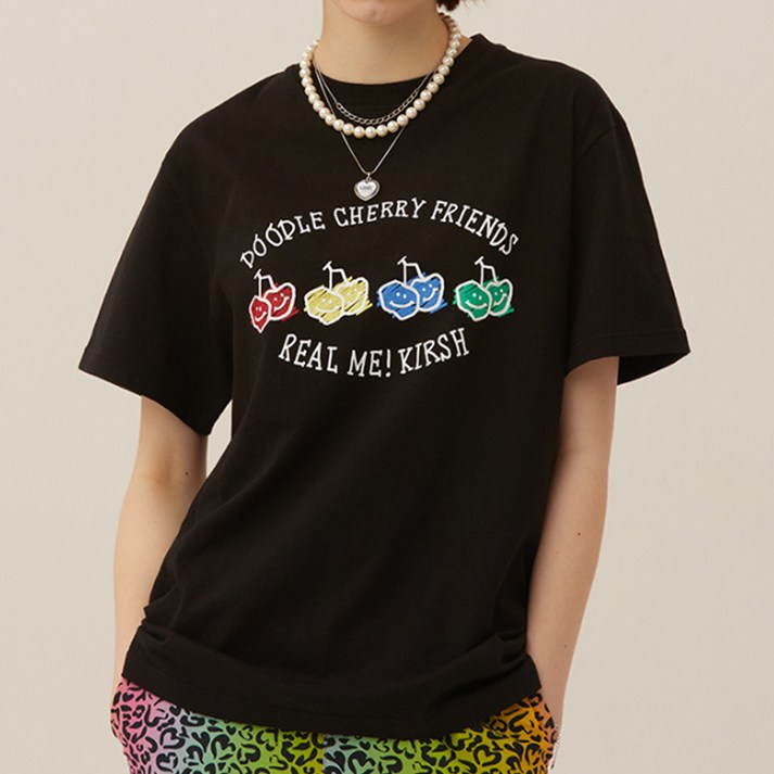 키르시 여성용 DOODLE CHERRY DRAWING PRINT 반팔 티셔츠 키르시 여성용 DOODLE CHERRY DRAWING PRINT 반팔 티셔츠