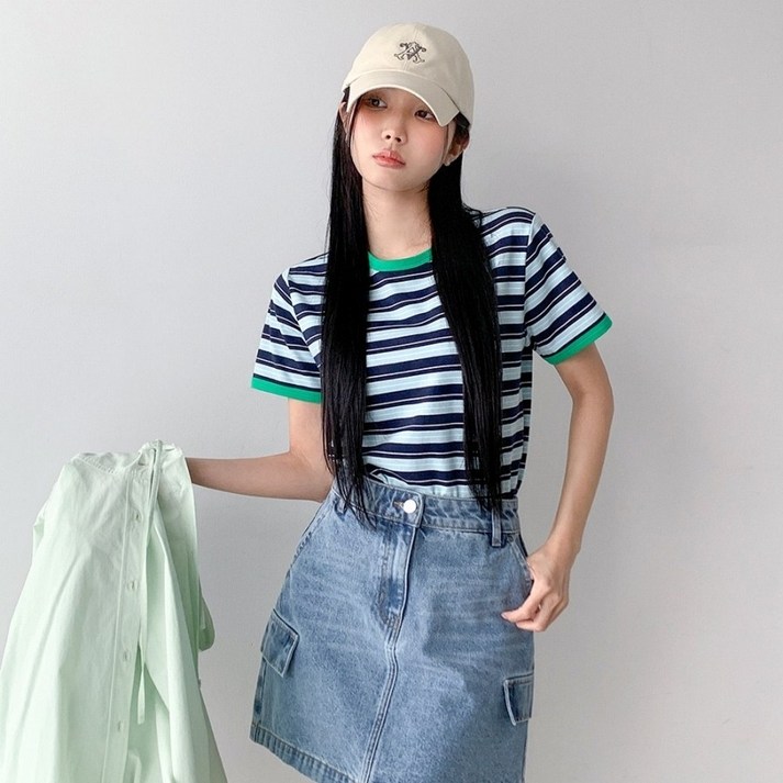 반에이크 여성용 배색 랍빠 스트라이프 티셔츠