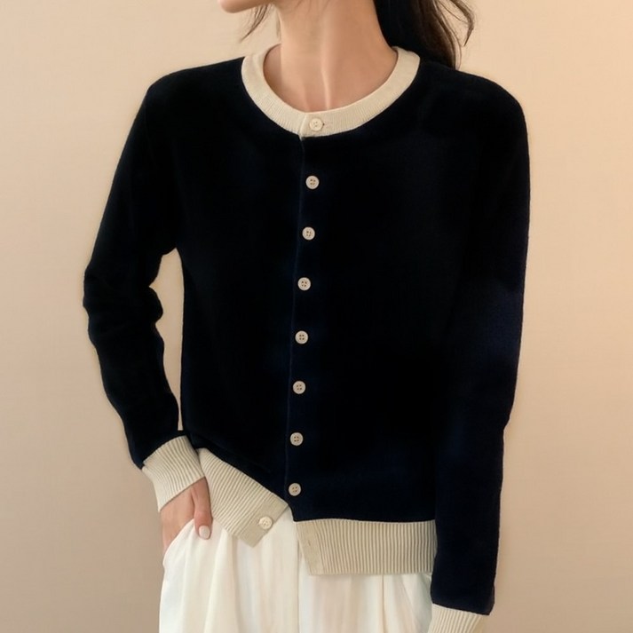 에이플심플 여성 레이어드 배색 울 가디건