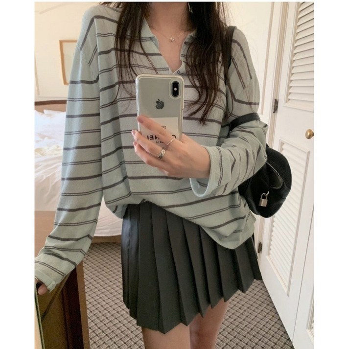 전컬러당일여성 PYT 프리티영띵 에밀리 카라 니트 스트라이프 린넨 배색