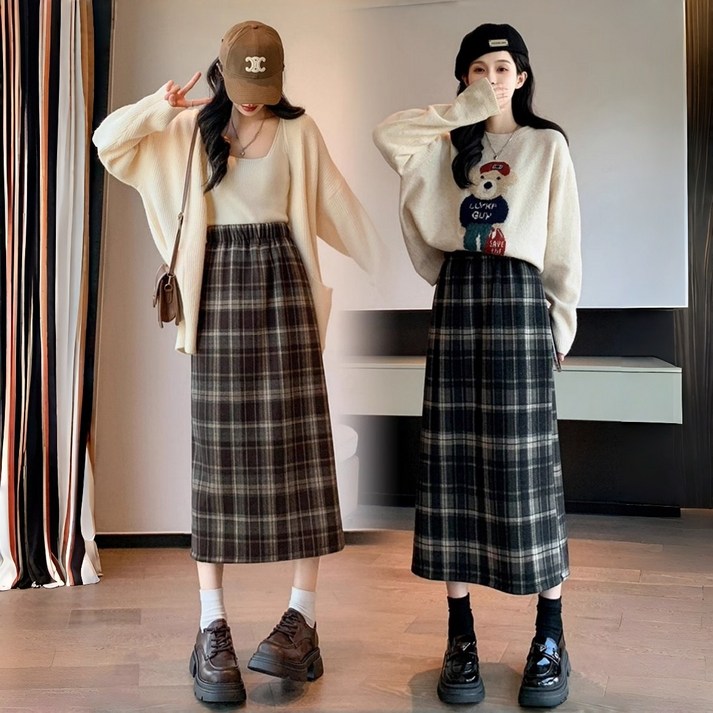 ANYOU 롱 스커트 체크 여성 가을 겨울 기모 스커트 뒷트임 데일리 캐주얼 오피스룩