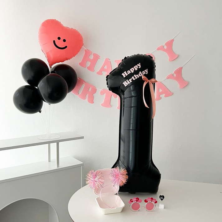 헬륨가스통 하피블리 레터링 가랜드 블랙 숫자풍선 생일 파티 용품 세트, 핑크