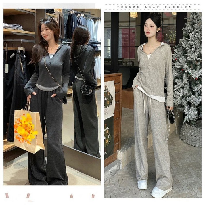 BLACK K7 여성용 배색 상하의세트 캐주얼 후드티 와이드팬츠 투피스