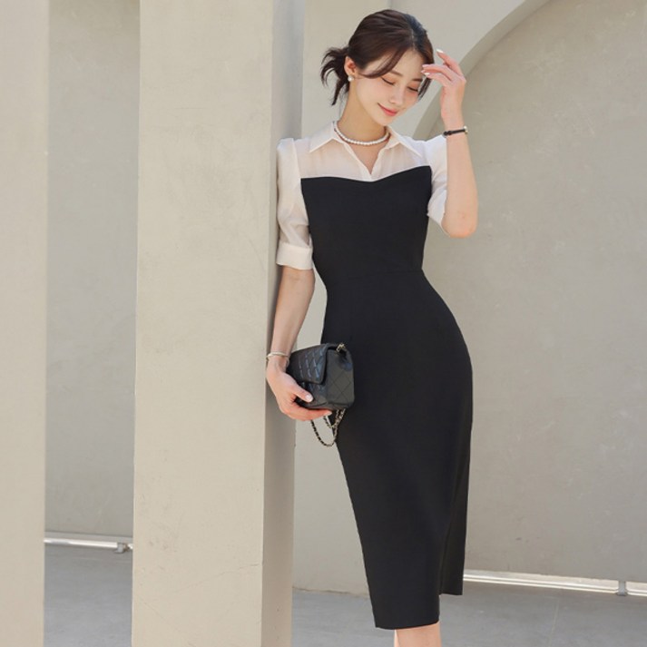 DRO116 오픈 카라 퍼프 배색 슬림 원피스 DRO116 오픈 카라 퍼프 배색 슬림 원피스