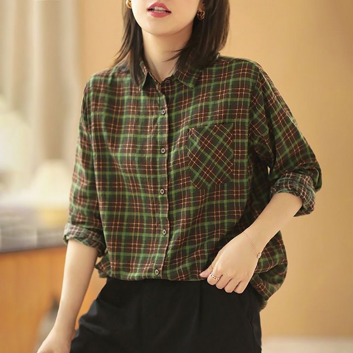 지고다그 여성용 간절기용 체크 면마 긴팔 셔츠 루즈핏 캐주얼 베이직 데일리 상의 YY31437