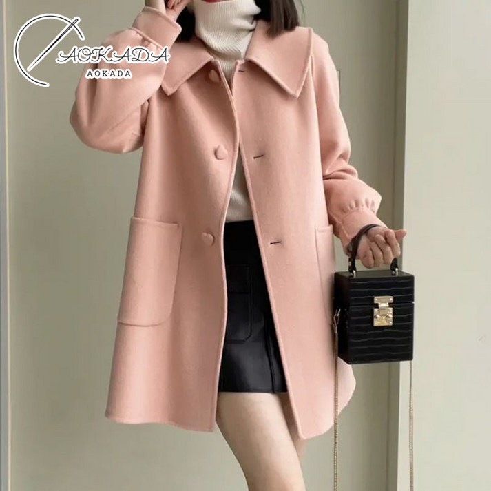 AOKADA 여성 간절기 하트 단추 빅 포켓 반코트 미디 모직 코트