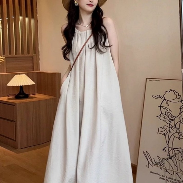 여자 여름 프렌치 민소매 나시 롱 원피스 캐주얼 휴양지룩 원피스