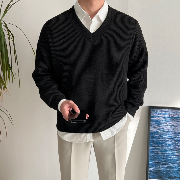 브이넥셔츠 남자 제인드 브이넥 오버핏 니트 긴팔 스웨터 티셔츠 옷 가을 겨울 간절기 옷 코디