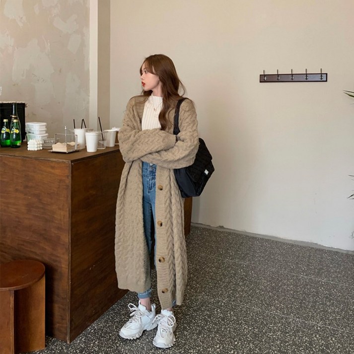 크레스티 여성 루즈핏 롱 가디건  도톰베이직 니트 코트