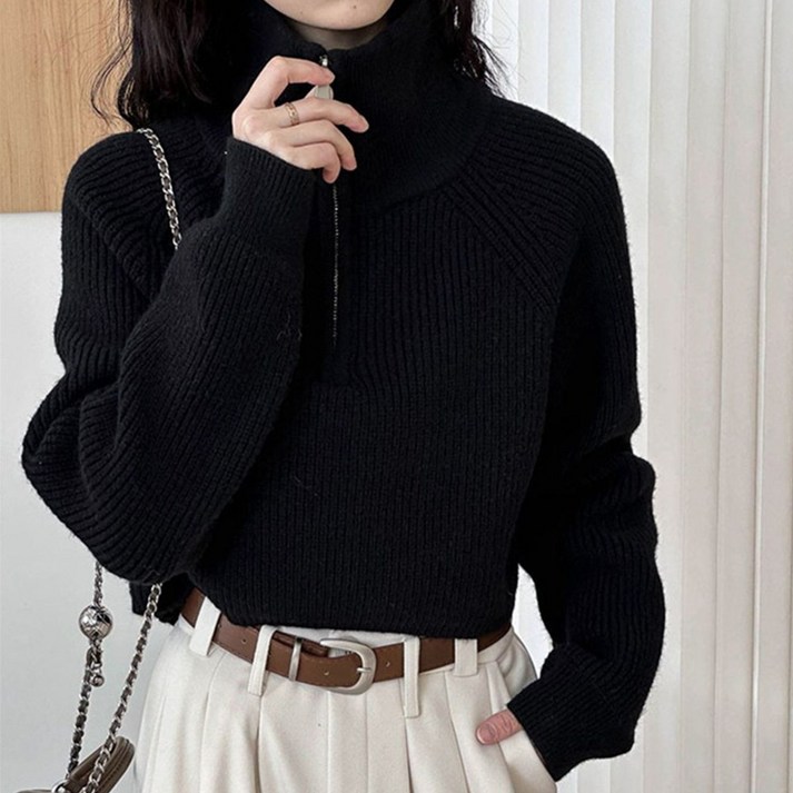 더블유 여성 카라 니트 반집업 스웨터