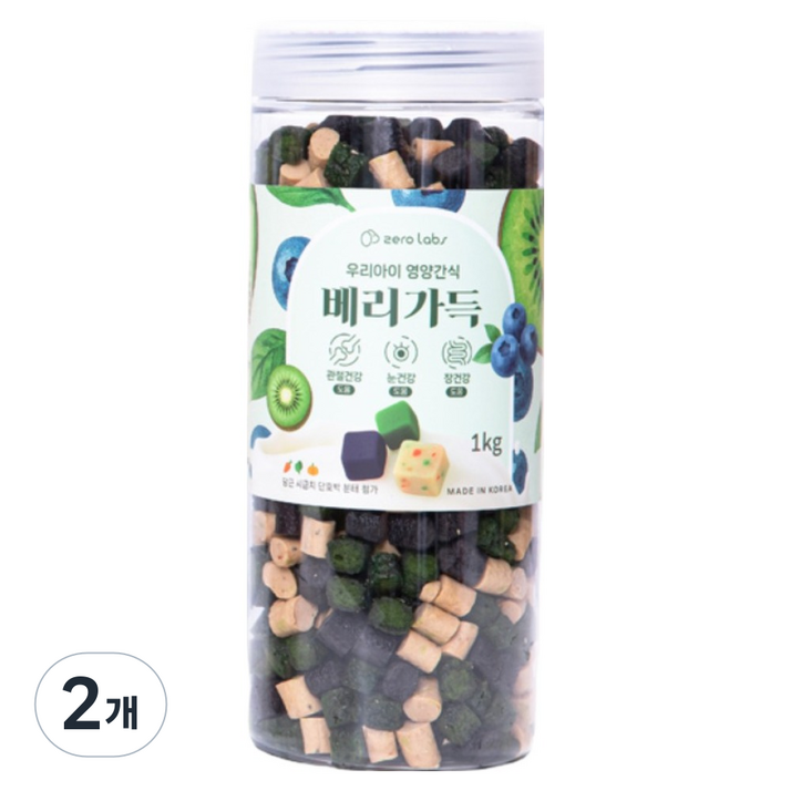 제로랩스 강아지 국내산 노즈워크 영양간식 베리가득 져키, 혼합맛키위블루베리요거트, 1kg, 2개