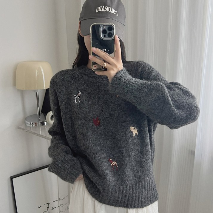 세컨핑크 여성용 동물 자수 울 혼방 라운드넥 니트 2485
