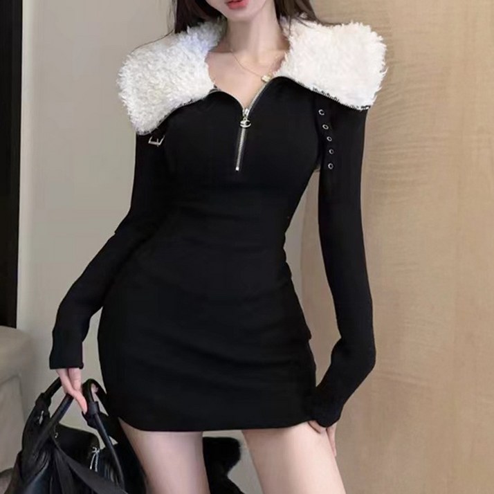 구디프 여성용 퍼카라 슬림핏 니트 겨울 데일리룩 데이트룩 미니 원피스 구디프 여성용 퍼카라 슬림핏 니트 겨울 데일리룩 데이트룩 미니 원피스