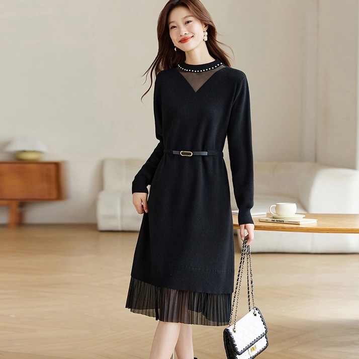 ORZQU 여성 가을 허리라인 롱 원피스 디자인감 우아하고 니트 원피스