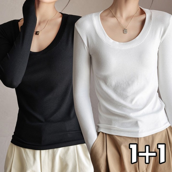 여성용 스판 긴 슬림핏 소매 라운드넥 스판 긴팔티셔츠 2P