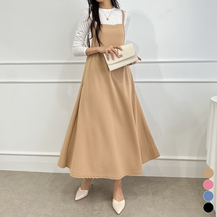 끌로이 뷔스티에 A라인 플레어 끈 나시 롱 원피스 빅사이즈 루즈핏 오버사이즈 무지 단색 심플 베이직