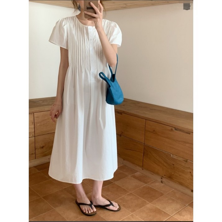 레이디 매직(lady magic) 여성 프렌치 라운드넥 셔링 셔츠형 반팔 롱 원피스