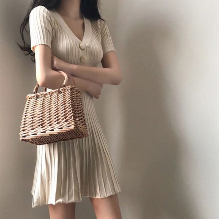 여성 미디 기장 3 버튼 포인트 러블리 반팔 원피스