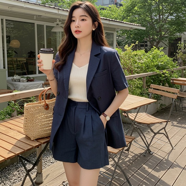 [set] 린넨 여성 투피스 반팔 더블 버튼 자켓 반바지 세트 숏팬츠 셋업