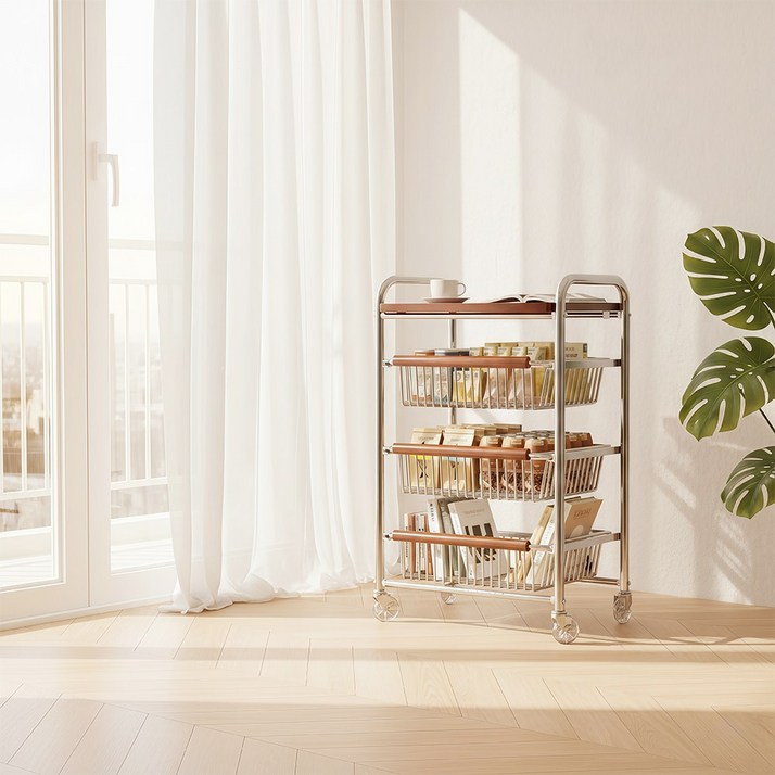 Curious Pony 이동식 트롤리 이동식 수납장 이동식 트레이, 4단, 브라운실버